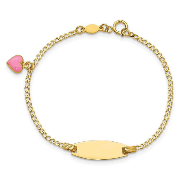 14k Polished Pink Enameled Puffed Heart and 18x5mm Plate Baby/Child ID Bracelet