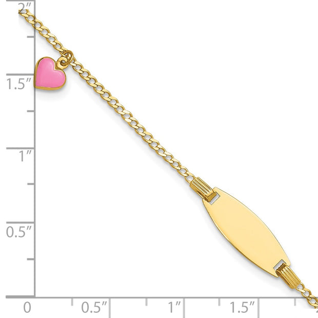 14k Polished Pink Enameled Puffed Heart and 18x5mm Plate Baby/Child ID Bracelet