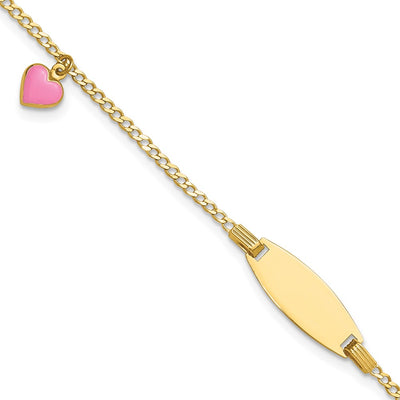 14k Polished Pink Enameled Puffed Heart and 18x5mm Plate Baby/Child ID Bracelet