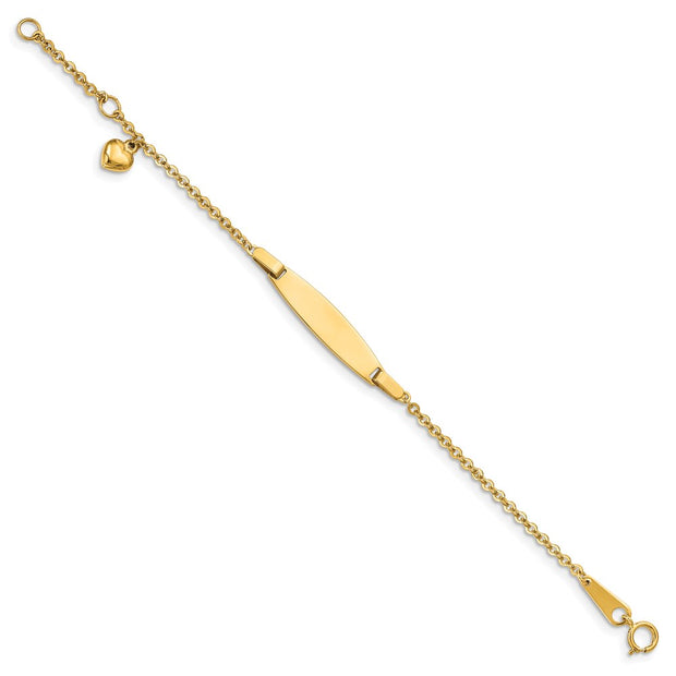 14K Polished Solid Chain/Solid Plate Heart Dangle 20x6mm Plate Baby/Child ID Bracelet with Extender