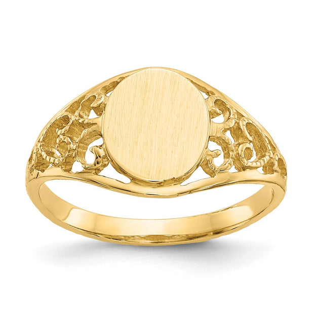 14k 7.5x8.5mm Satin Open Back Filigree Signet Ring