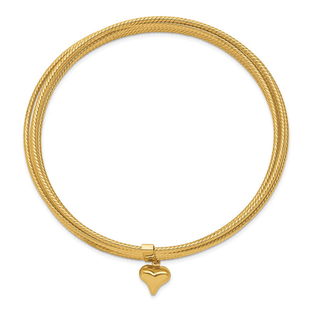 14K Oversize Polished and Textured with Dangle Heart 7-Strand Slip-on Round Bangle Bracelet