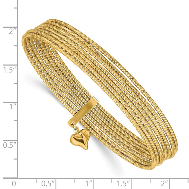 14K Oversize Polished and Textured with Dangle Heart 7-Strand Slip-on Round Bangle Bracelet