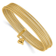 14K Oversize Polished and Textured with Dangle Heart 7-Strand Slip-on Round Bangle Bracelet