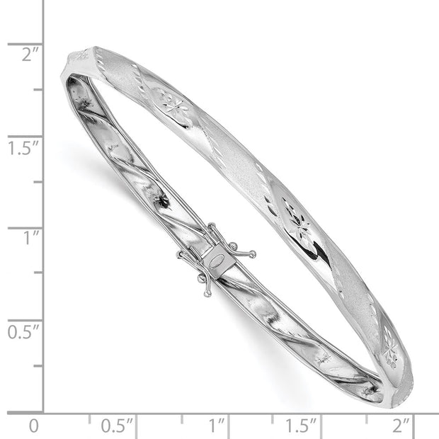 14k White Gold Polished and Satin Diamond-cut Flexible Round Bangle Bracelet