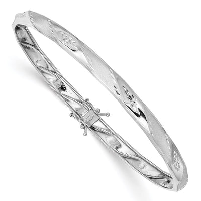 14k White Gold Polished and Satin Diamond-cut Flexible Round Bangle Bracelet