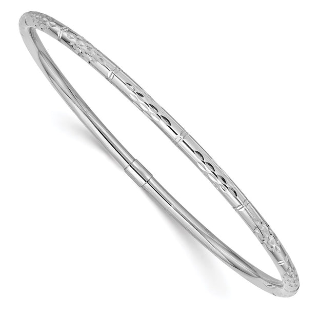 14k White Gold Polished Diamond-Cut Slip-on Round Bangle Bracelet