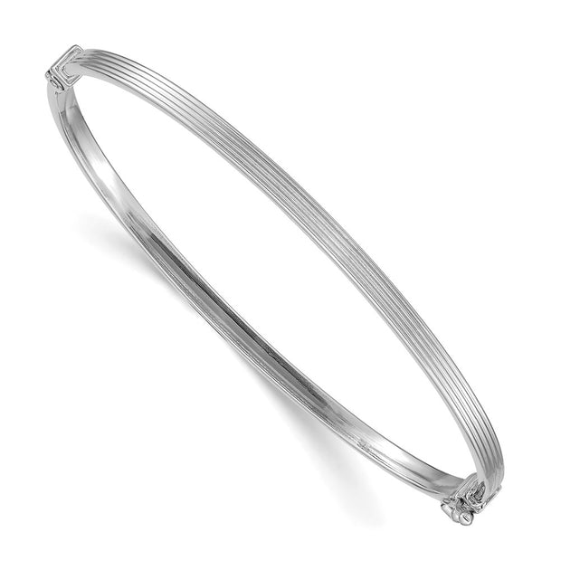 14k White Gold Polished Textured Stripe Hinged Oval Bangle Bracelet