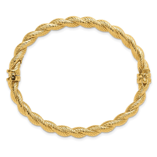 14K Polished and Textured Twisted Hinged Oval Bangle Bracelet