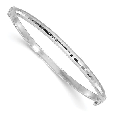 14K White Gold Diamond-cut and Laser-cut Hinged Oval Bangle Bracelet