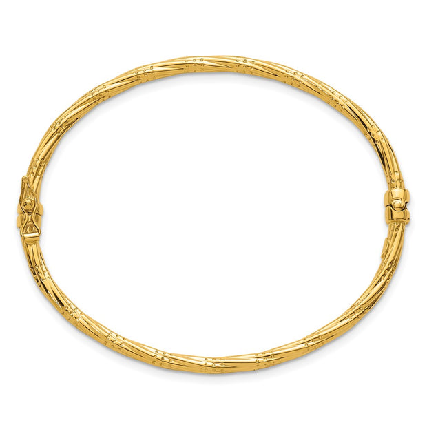 14K Polished and Textured Twisted Hinged Oval Bangle Bracelet