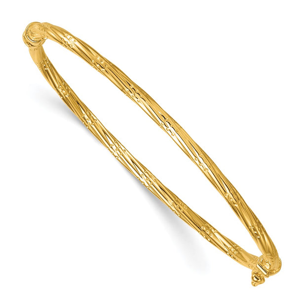 14K Polished and Textured Twisted Hinged Oval Bangle Bracelet