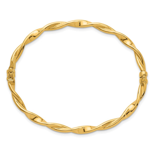 14K Polished and Twisted Hinged Oval Bangle Bracelet
