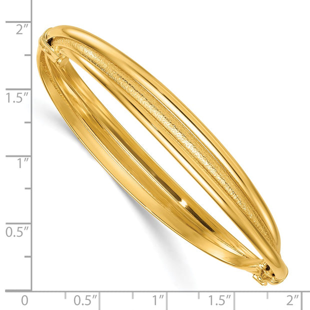 14K Polished and Textured Three-Row Twisted Hinged Oval Bangle Bracelet