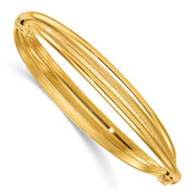 14K Polished and Textured Three-Row Twisted Hinged Oval Bangle Bracelet