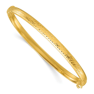 14k Polished and Diamond-cut Hinged Oval Bangle Bracelet