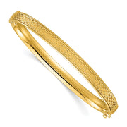 14k Polished Brushed and Textured Hinged Oval Bangle Bracelet