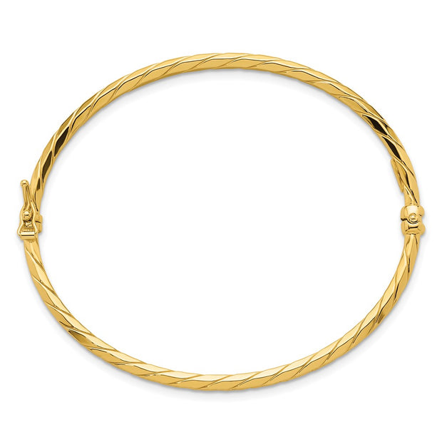 14k Polished and Diamond-cut Twisted Hinged Oval Bangle Bracelet