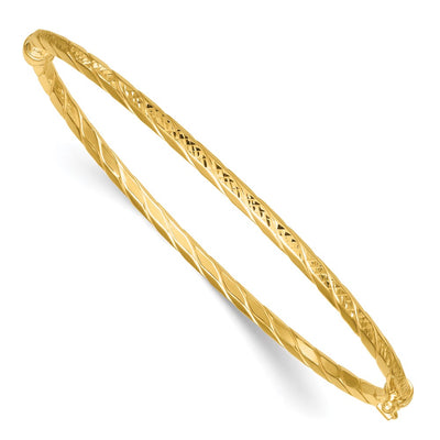 14k Polished and Diamond-cut Twisted Hinged Oval Bangle Bracelet