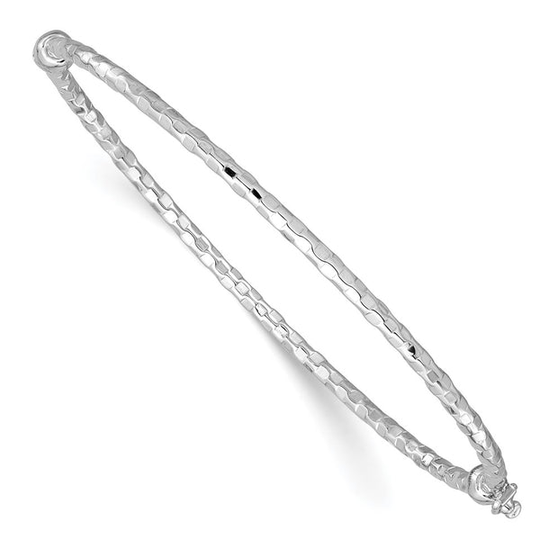 14k White Gold Polished Diamond-cut Hinged Oval Bangle Bracelet