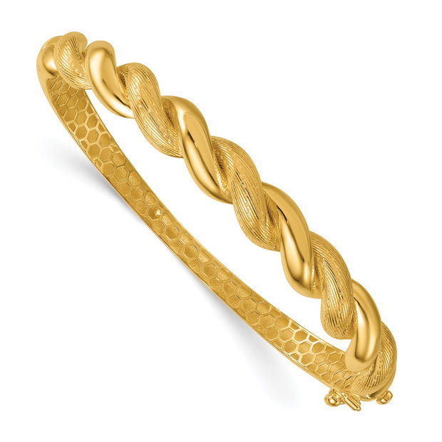 14k Polished Twisted Textured Hinged Oval Bangle Bracelet