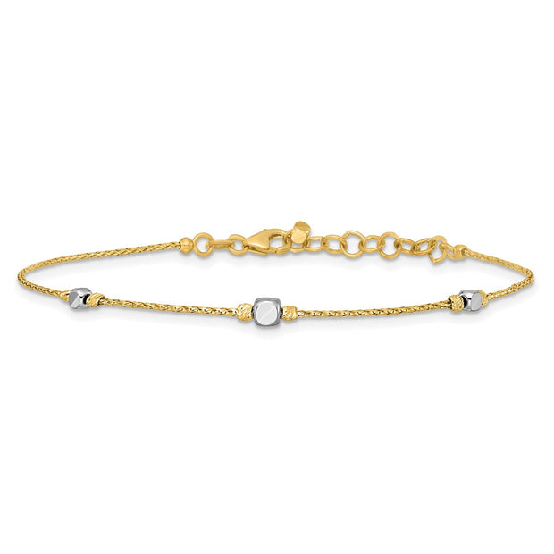 14K Two-Tone Polished Diamond-cut Round and Square Beaded Bracelet with Extension