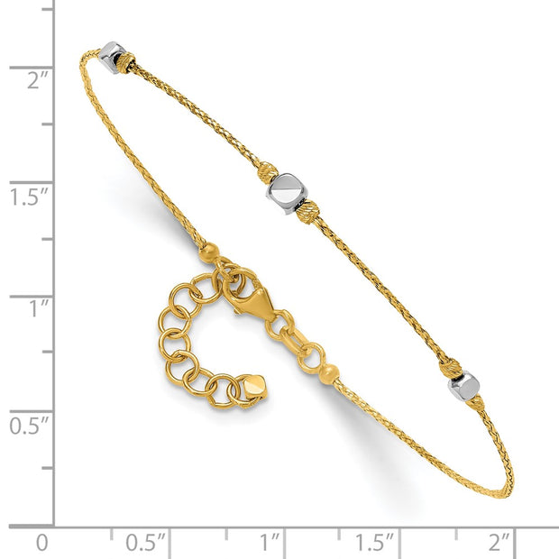 14K Two-Tone Polished Diamond-cut Round and Square Beaded Bracelet with Extension