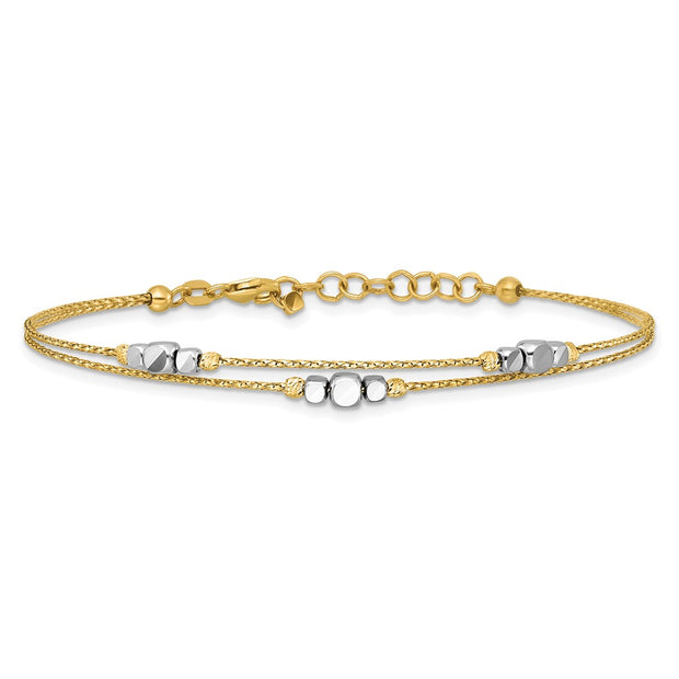 14K Two-Tone Polished Diamond-cut Double Strand Beaded Bracelet with Extension