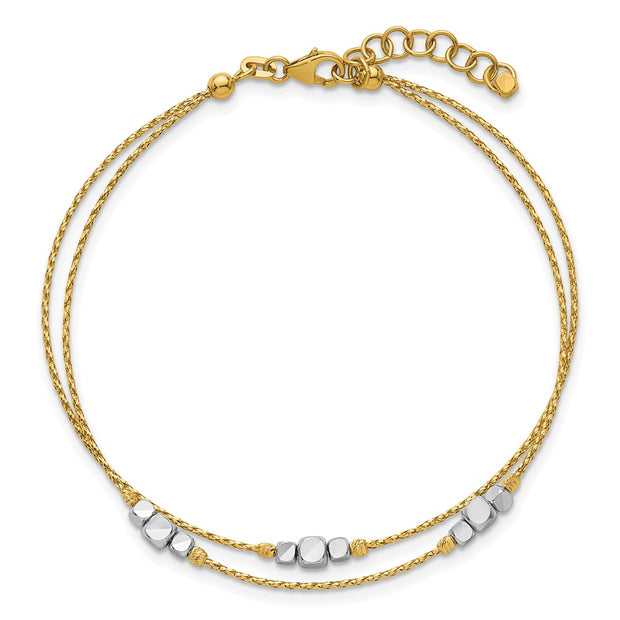 14K Two-Tone Polished Diamond-cut Double Strand Beaded Bracelet with Extension
