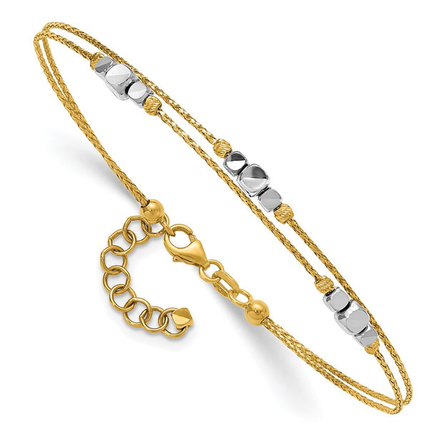 14K Two-Tone Polished Diamond-cut Double Strand Beaded Bracelet with Extension