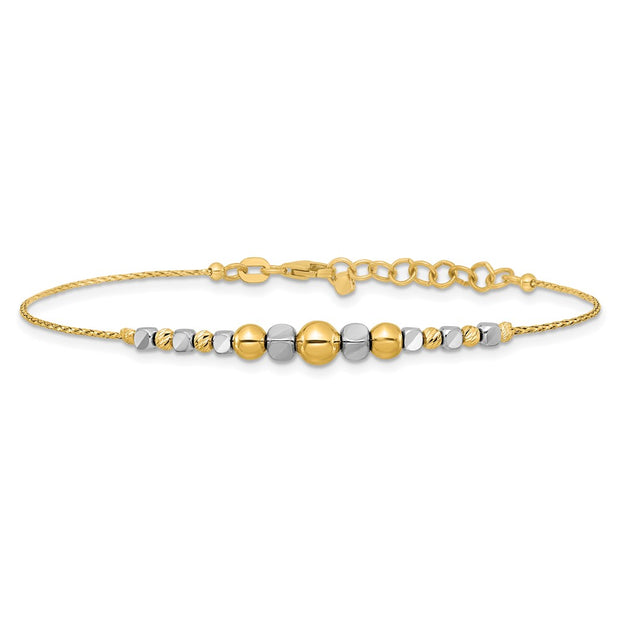 14K Two-Tone Polished Diamond-cut Round and Square Beaded Bracelet with Extension