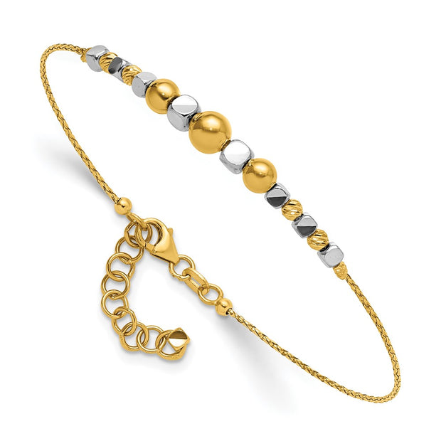 14K Two-Tone Polished Diamond-cut Round and Square Beaded Bracelet with Extension