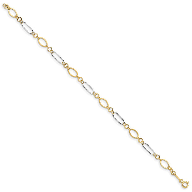 14k Two-tone Polished and Textured Oval Link Bracelet