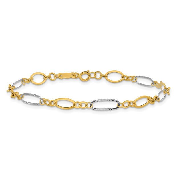 14k Two-tone Polished and Textured Oval Link Bracelet