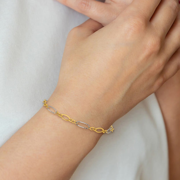 14k Two-tone Polished and Textured Oval Link Bracelet