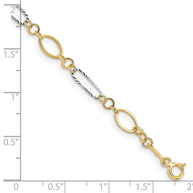 14k Two-tone Polished and Textured Oval Link Bracelet