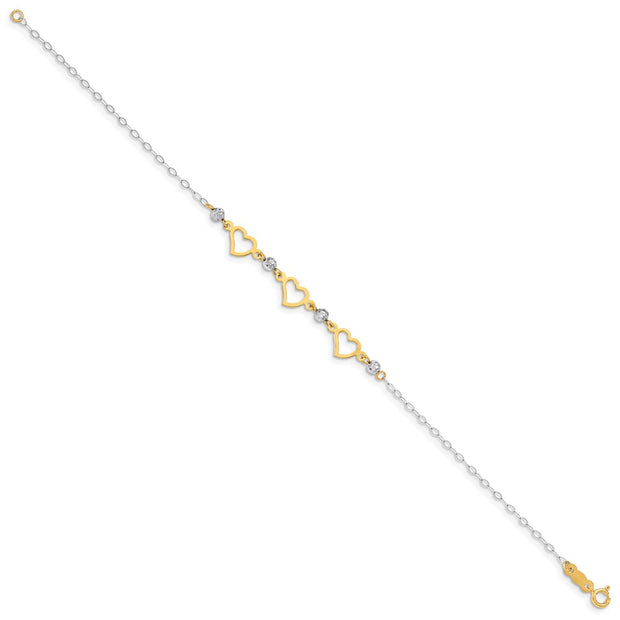 14K Two-tone Hearts and Diamond-cut Beads Bracelet