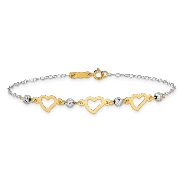 14K Two-tone Hearts and Diamond-cut Beads Bracelet