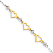 14K Two-tone Hearts and Diamond-cut Beads Bracelet