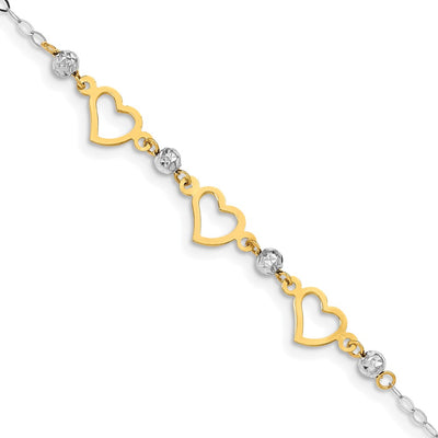 14K Two-tone Hearts and Diamond-cut Beads Bracelet