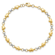 14K Two-tone Polished Puffed Hearts with Diamond-cut Beads Bracelet