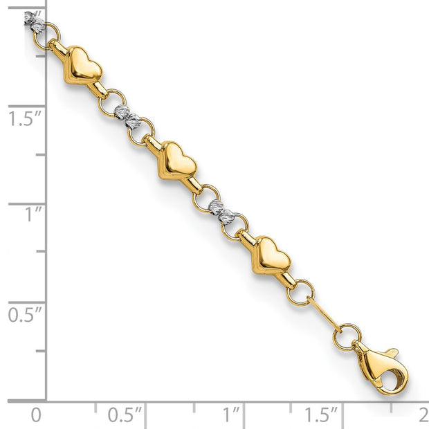 14K Two-tone Polished Puffed Hearts with Diamond-cut Beads Bracelet