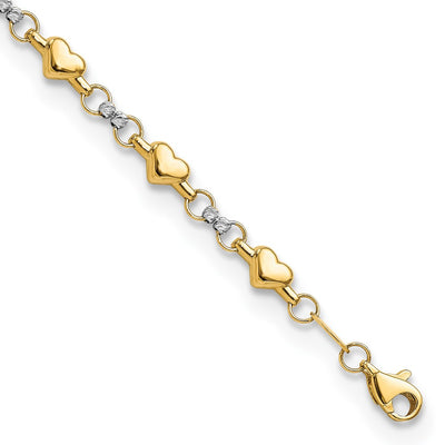 14K Two-tone Polished Puffed Hearts with Diamond-cut Beads Bracelet