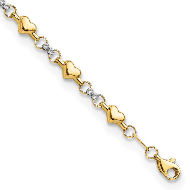 14K Two-tone Polished Puffed Hearts with Diamond-cut Beads Bracelet