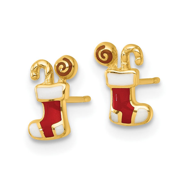 14k Madi K Polished Enameled Christmas Stocking with Candy Childrens Post Earrings
