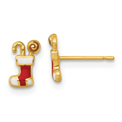 14k Madi K Polished Enameled Christmas Stocking with Candy Childrens Post Earrings