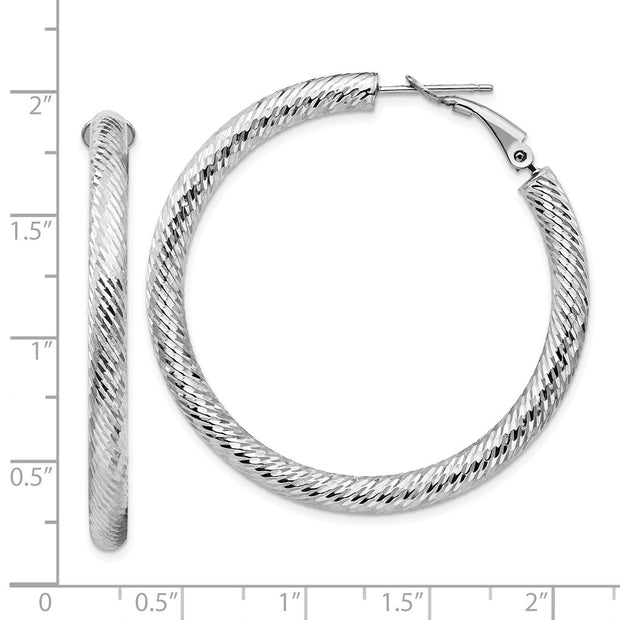 14k 4x35mm White Gold Diamond-cut Round Omega Back Hoop Earrings