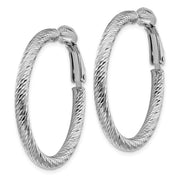 14k 3x25mm White Gold Diamond-cut Round Omega Back Hoop Earrings