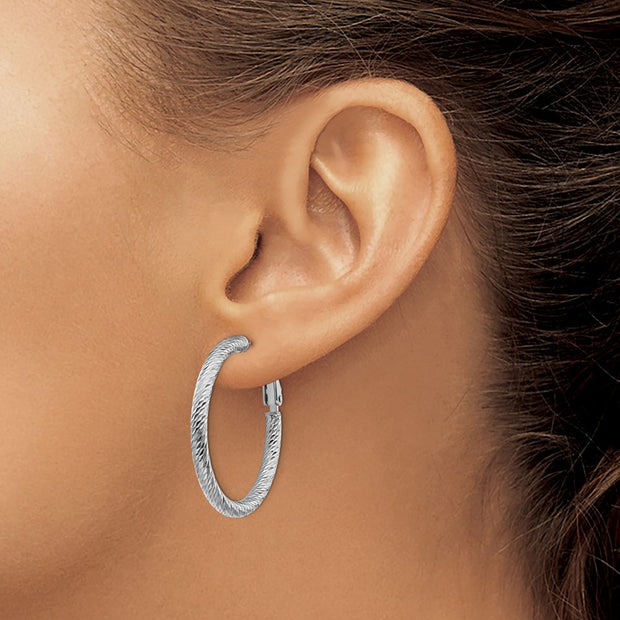 14k 3x25mm White Gold Diamond-cut Round Omega Back Hoop Earrings