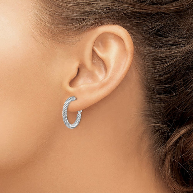 14k 3x15mm White Gold Twisted Round Hoop Earrings